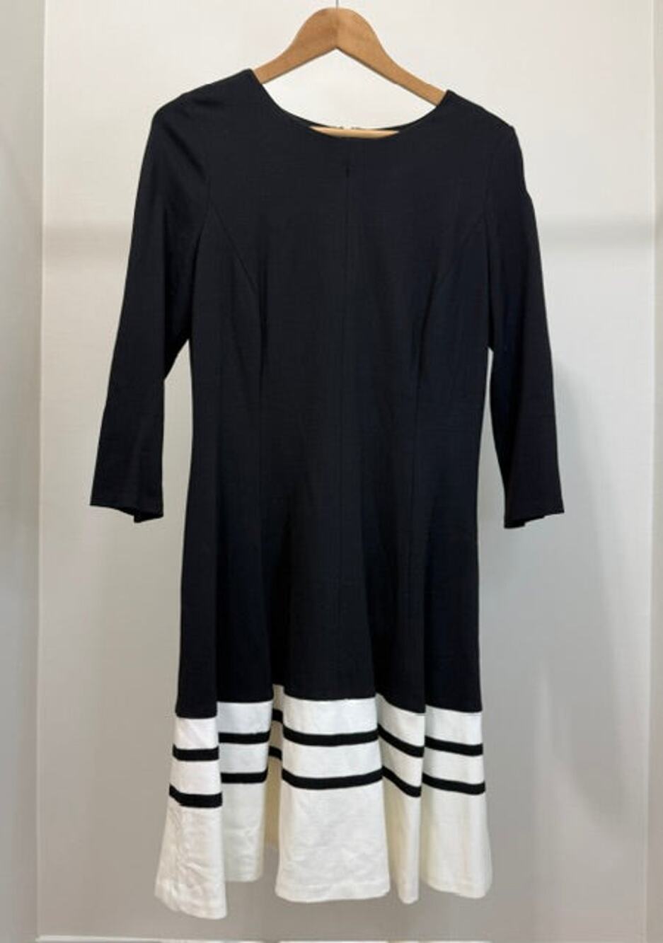 Eliza J Black Fit and Flare Dress Stripe Hem Ponte Knit Sz12